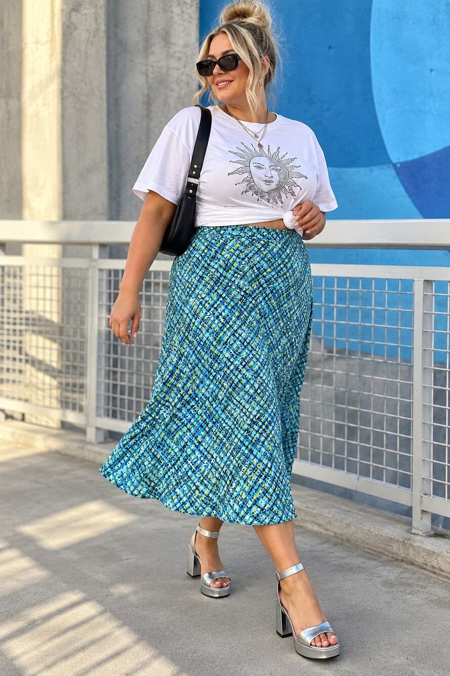 Venezia Jeans Blue Green Abstract Print Midi Skirt Plus Size 18/20